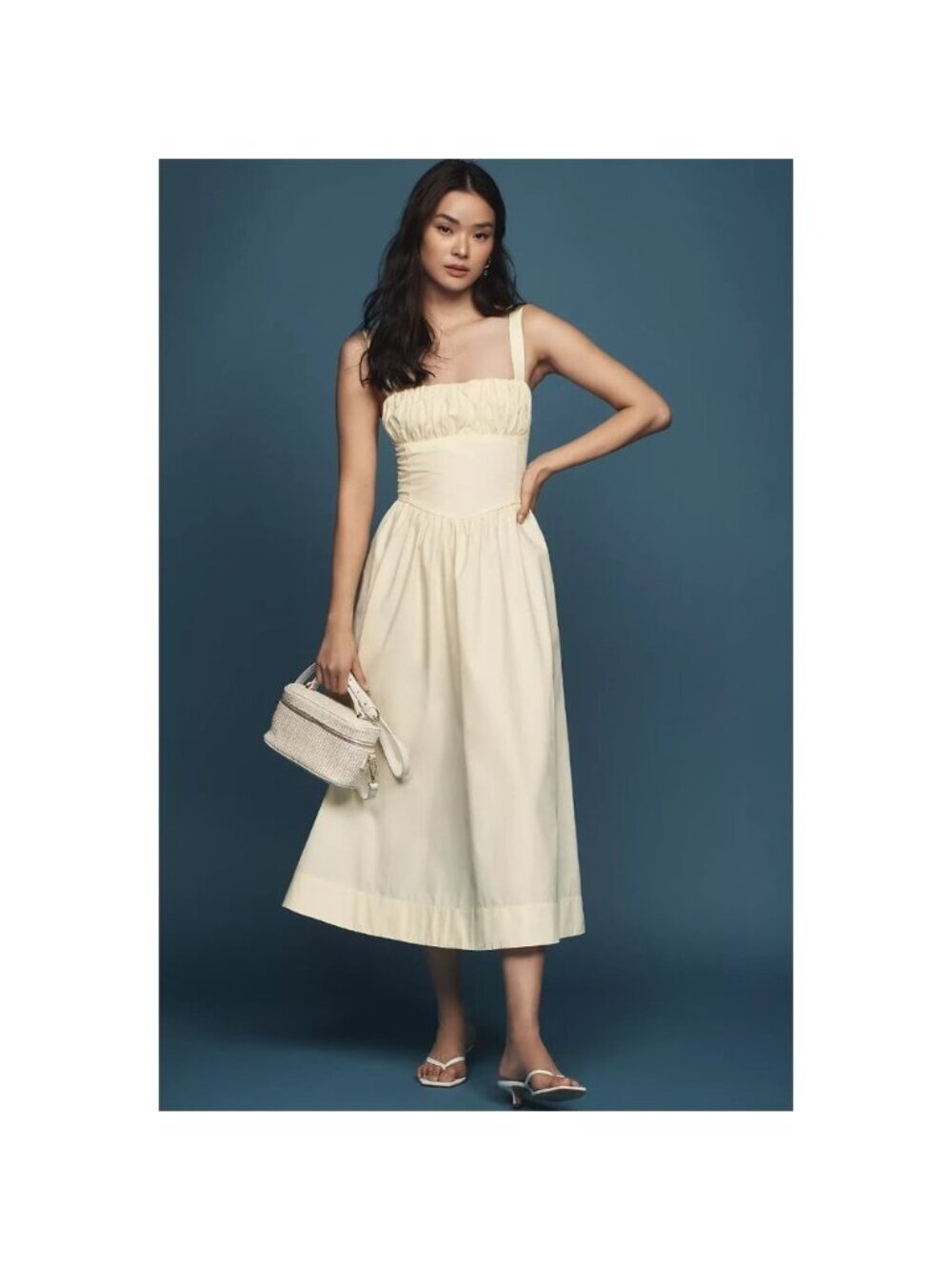 By Anthropologie Drop-Waist Ruched Midi Dress Butter Yellow XL